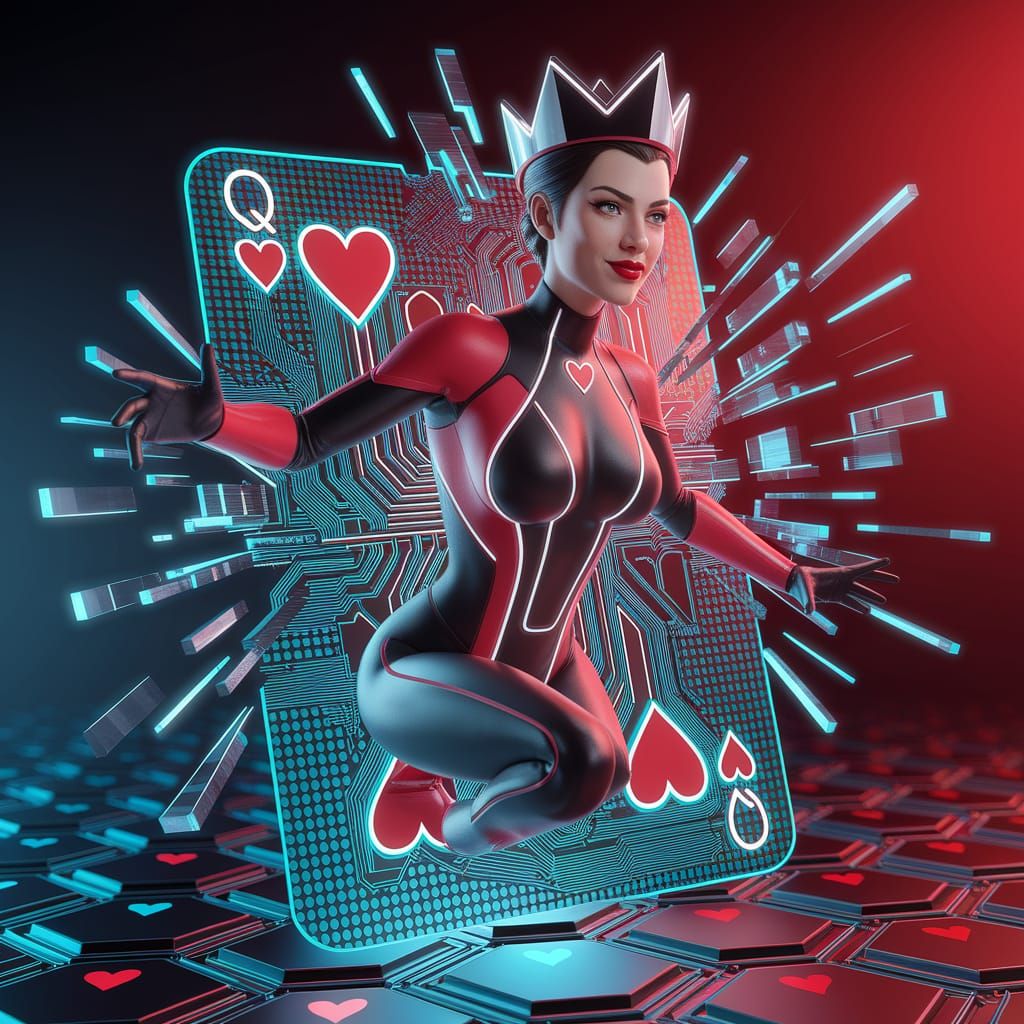 Futuristic Queen of Hearts Emerges from Holographic Card