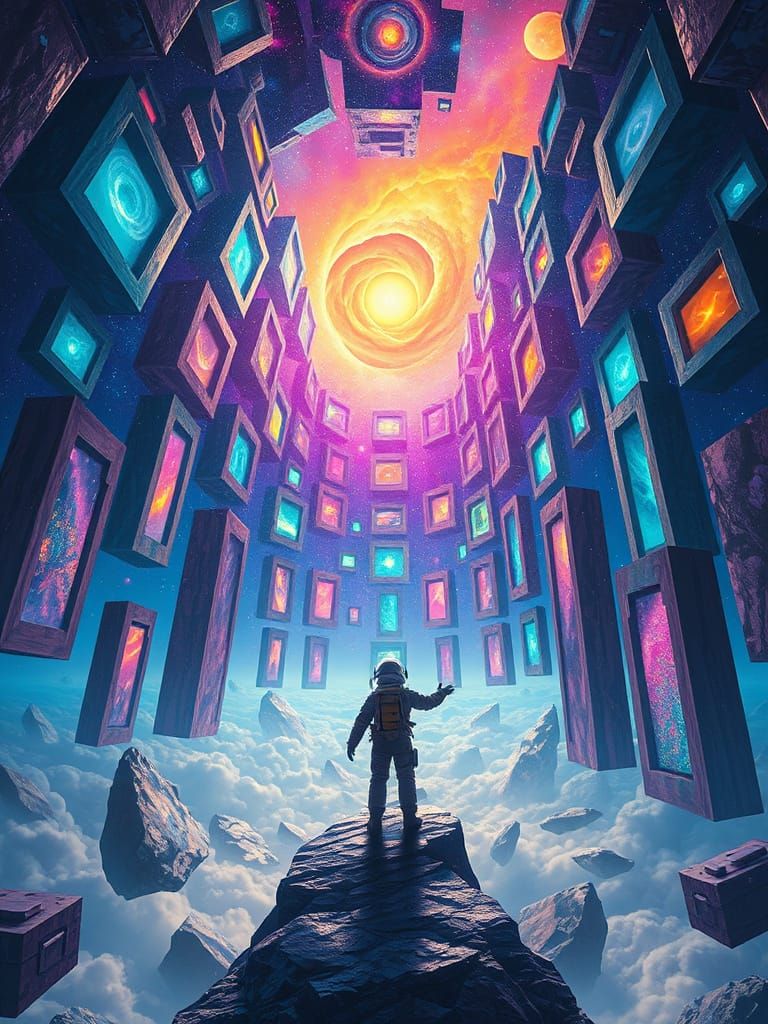 Surreal Cosmic City with Leaking Portals in Psychedelic Art