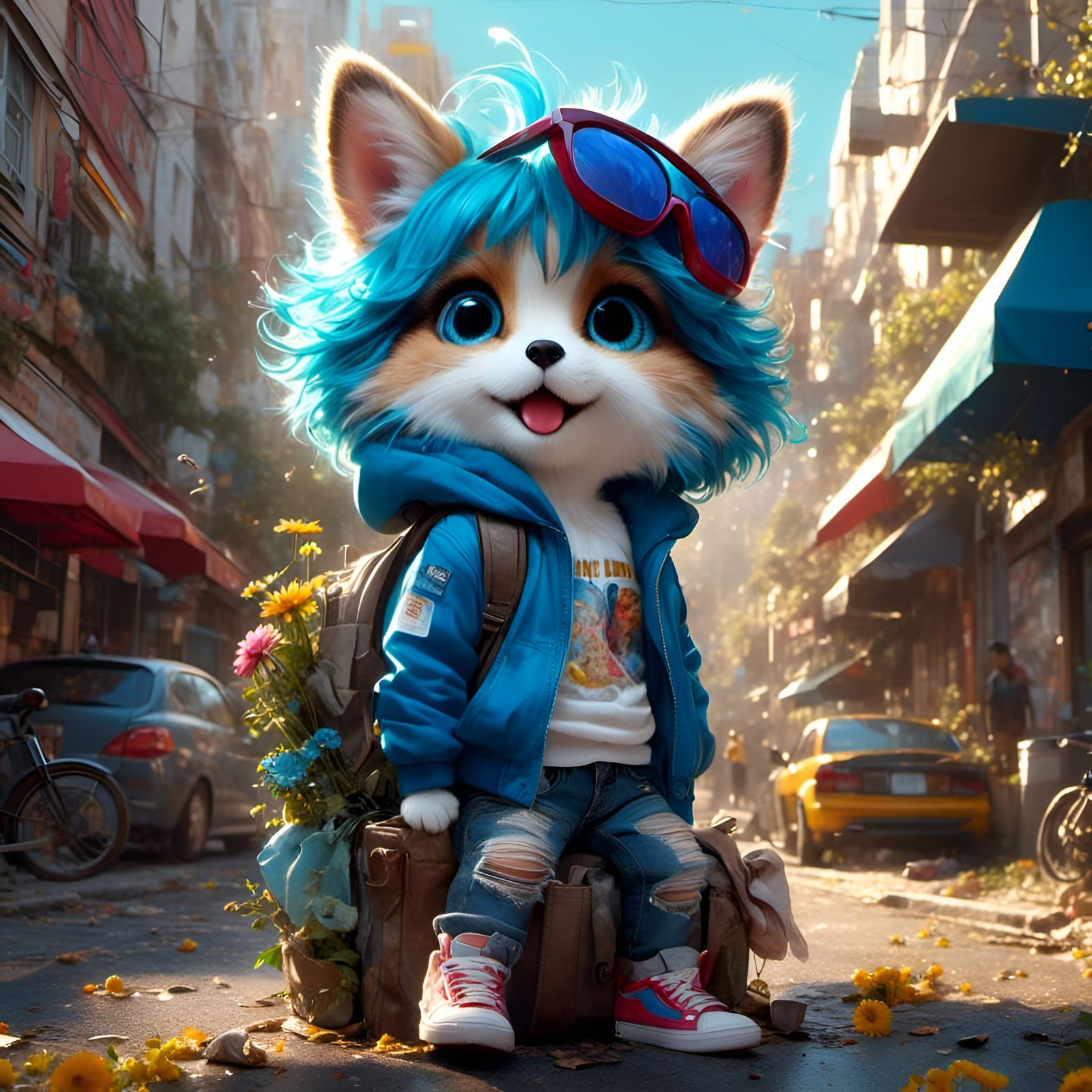 Adorable Animal Portrait in Jeans, Whimsical Style