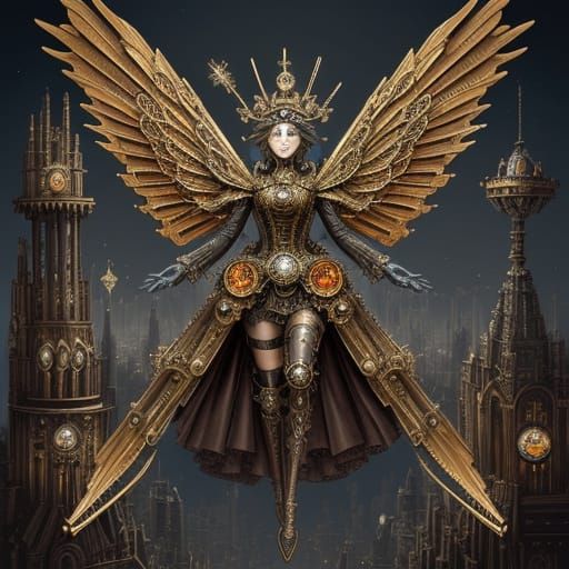 Clockwork Fairy in Steampunk Metropolis
