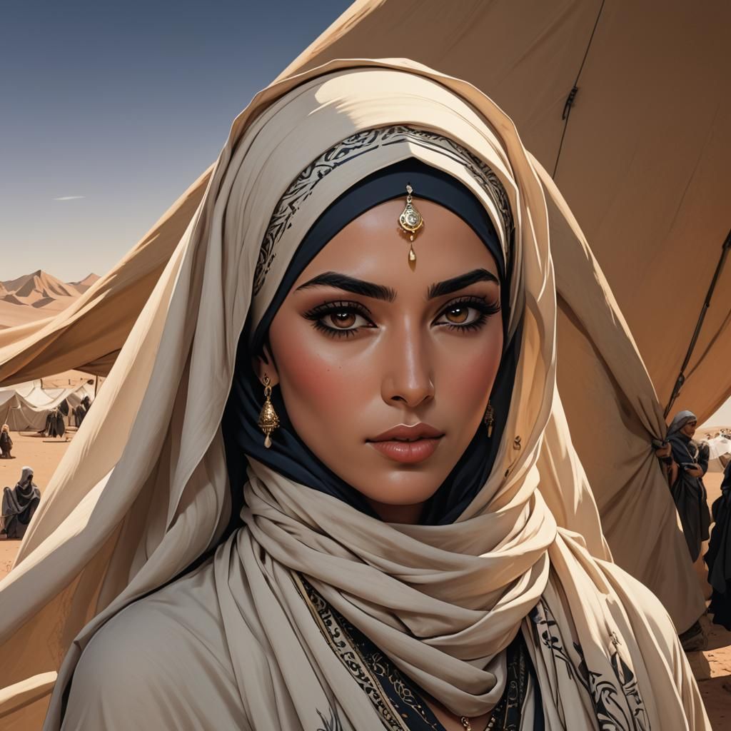 Elegant Arab Woman in Desert Tent, Cel-Shaded Style