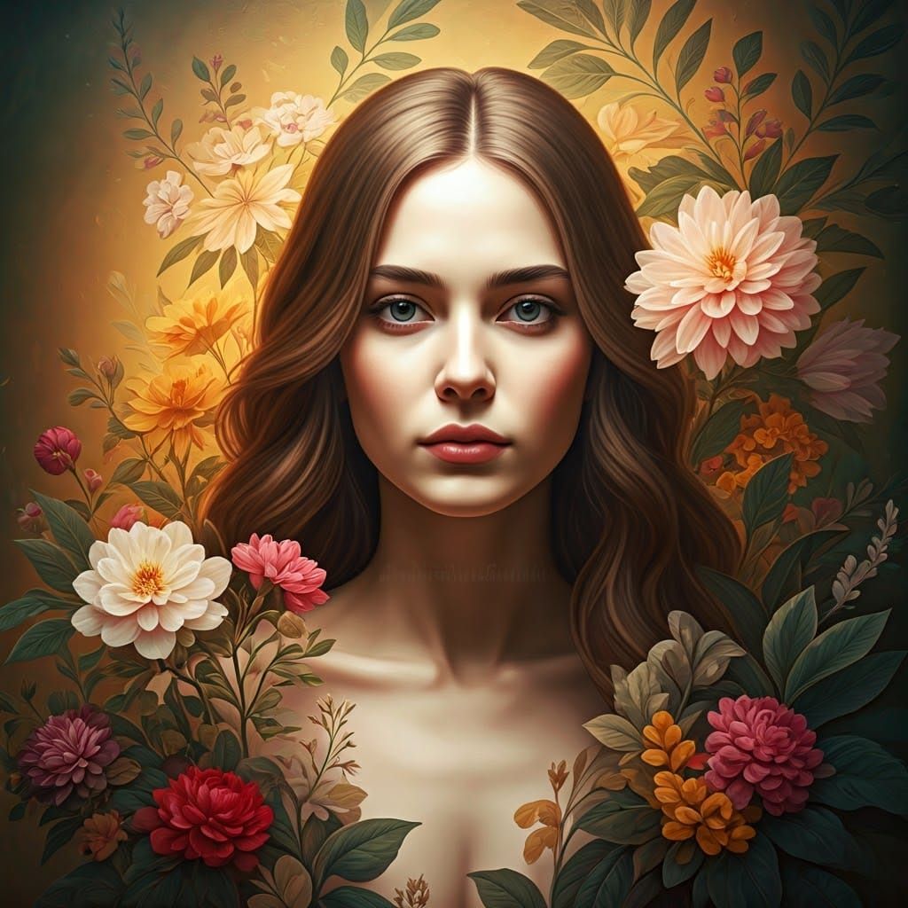 Elegant Woman Portrait with Florals in Dreamy Style