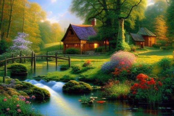 Cottage in Forest with Waterfalls: Fantasy Concept Art