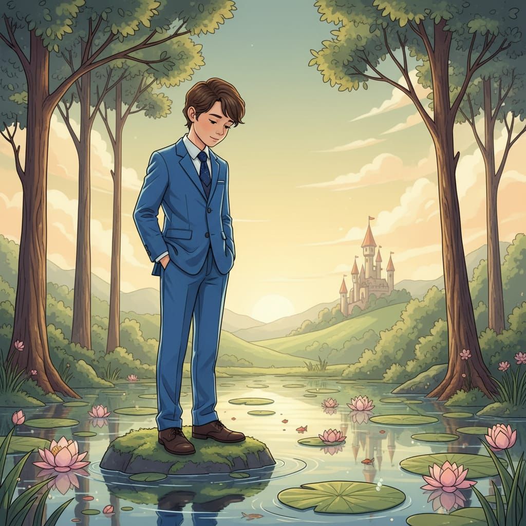Boy in Blue Suit by Pond in 2D Illustration Style