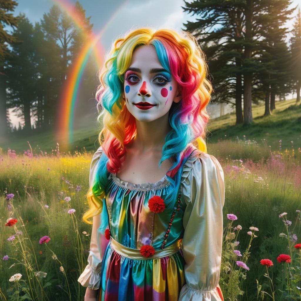 Rainbow Wig Clown in Meadow with Double Rainbow