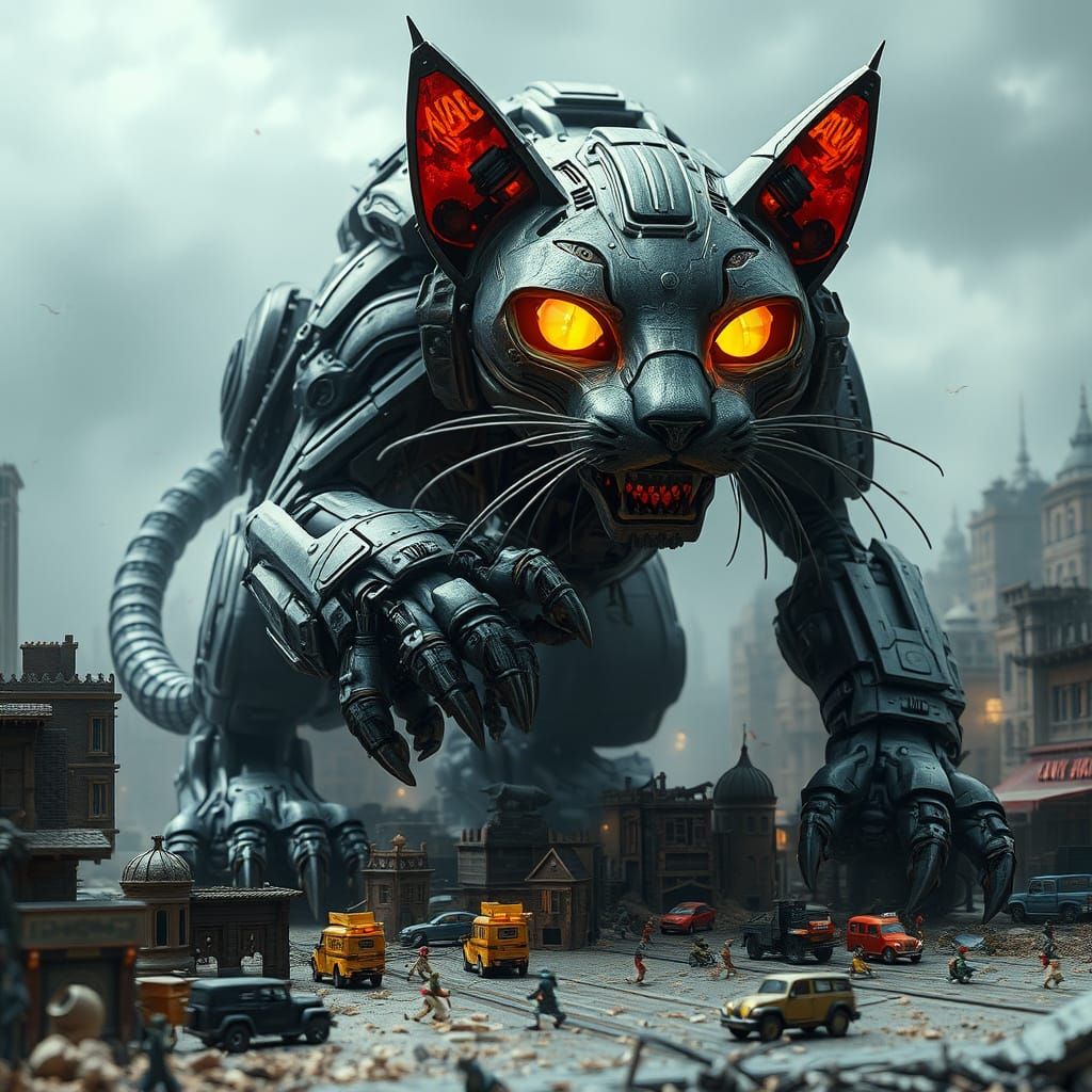 Colossal Robot Feline Prowls Miniature Cityscape