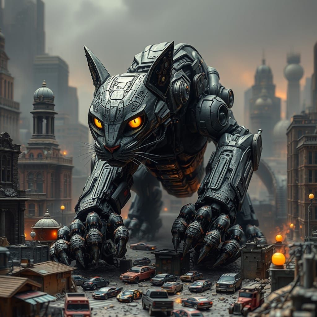 Colossal Robot Cat Prowls Miniature Cityscape
