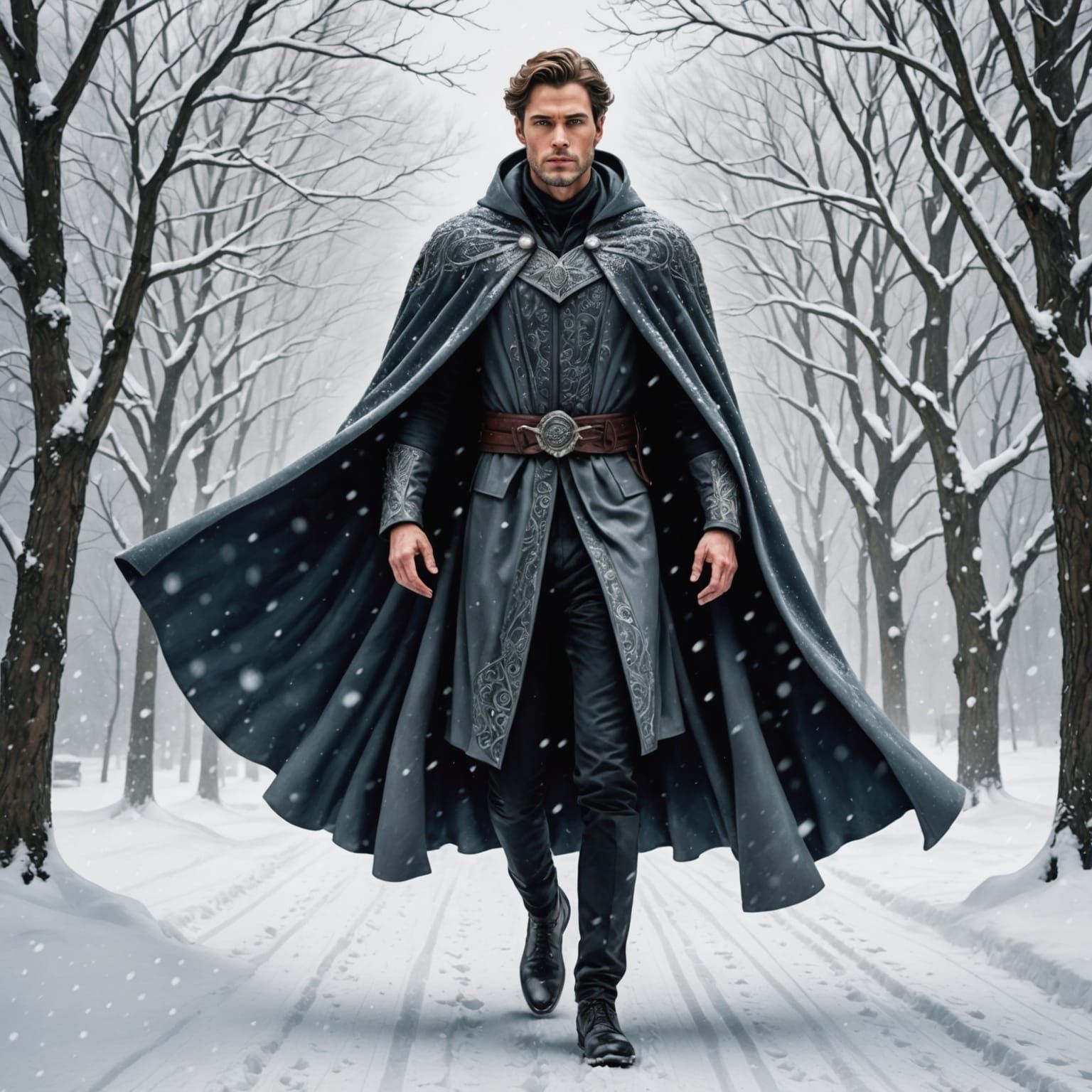 Elegantly Dressed Figure Strolls Through Snowy Landscape in...