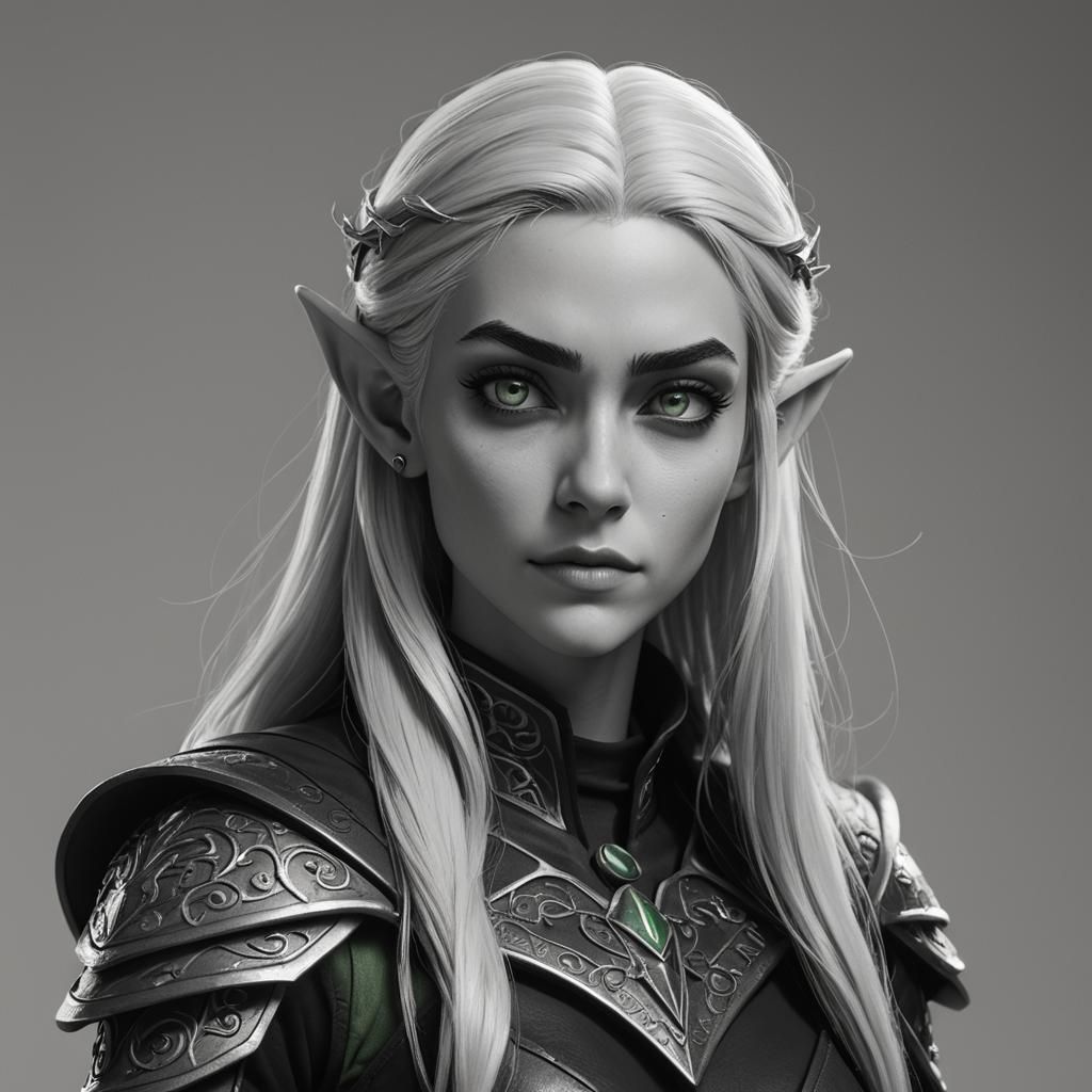 High Elf in Black and White, 3D Digital Art