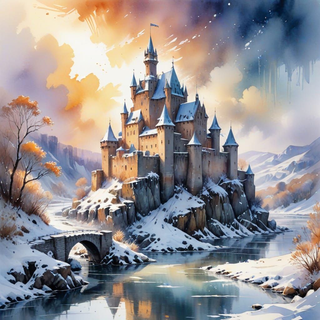 Winter Castle: A Watercolor Sentinel