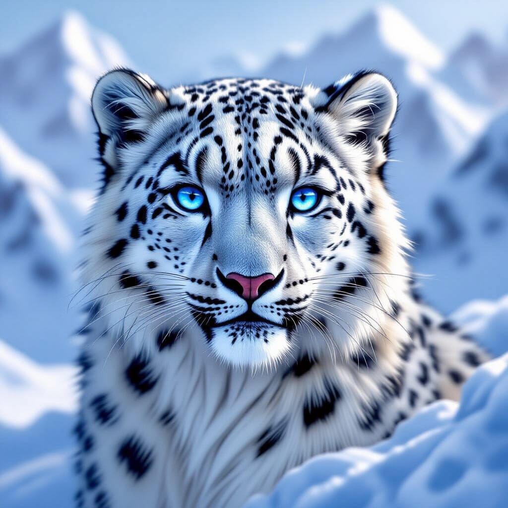 Snow Leopard with Piercing Eyes, Hyperrealistic Detail