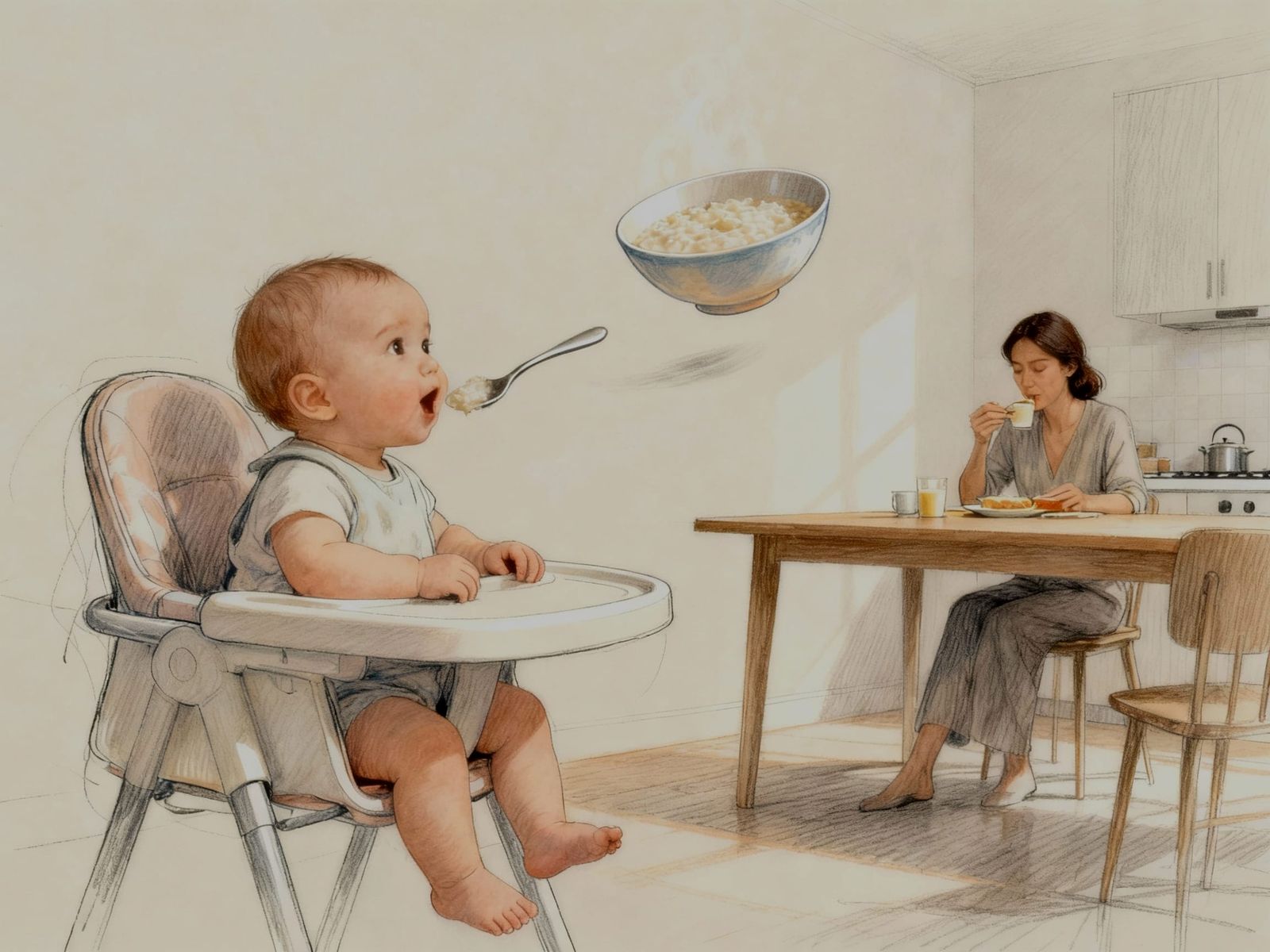 Minimalist Sketch of a Magical Baby Breakfast Scene
