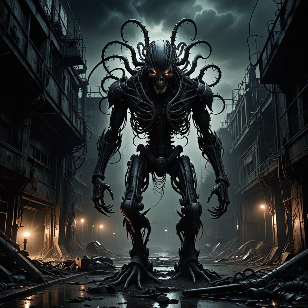 Biomechanical Horror in a Dark, Surreal Landscape