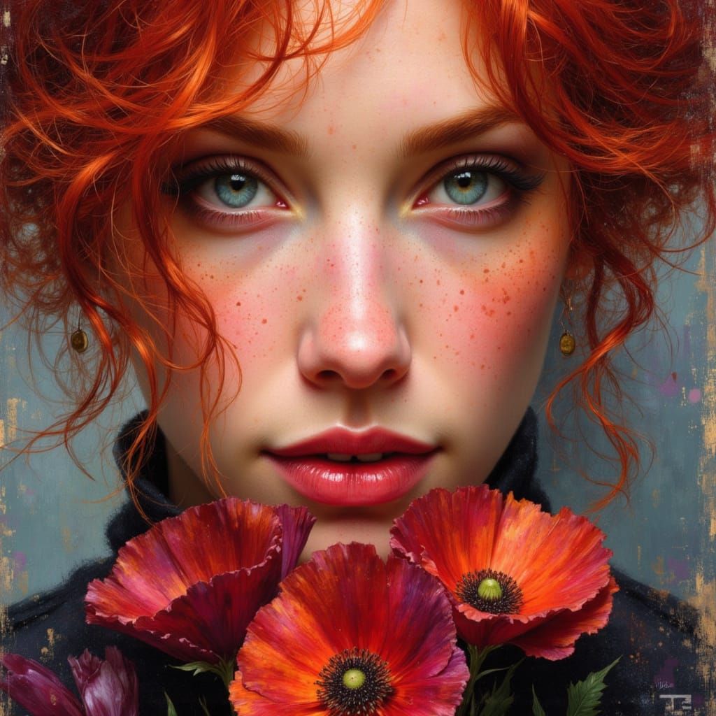 Flirty Teenager with Poppies in Mixed-Media Style