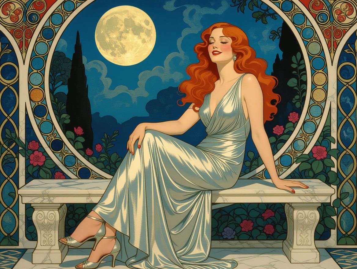 Ethereal Art Deco Beauty in a Moonlit Garden