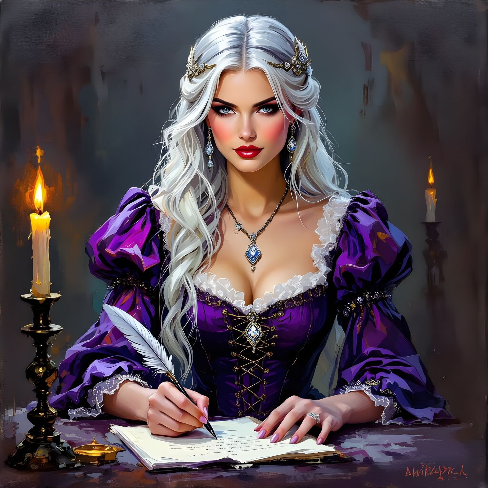 Norse Goddess Writes by Candlelight in Impasto Style