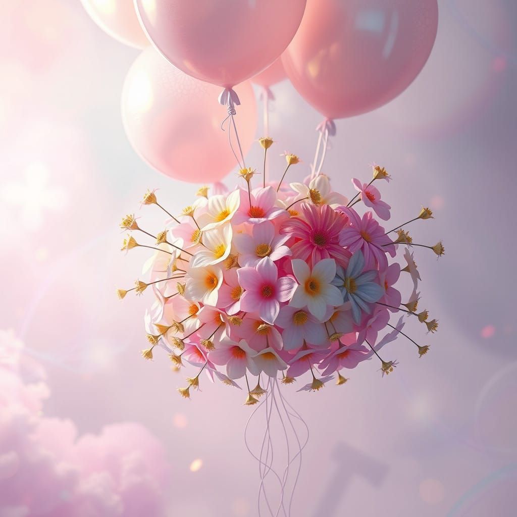Whimsical Flowers Levitate Amidst Pastel Balloons in a Dream...