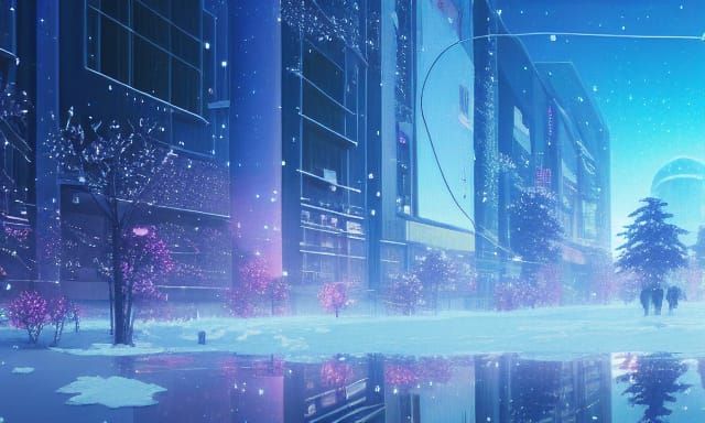 Cyberpunk Cityscape in Winter Wonderland