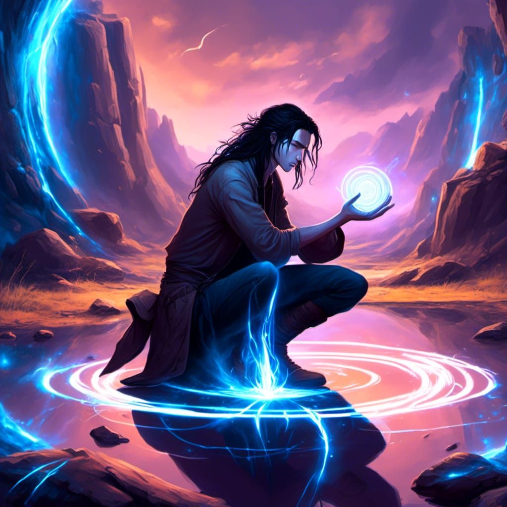 Cyberpunk Male Mage Casting Spell in Wilderness