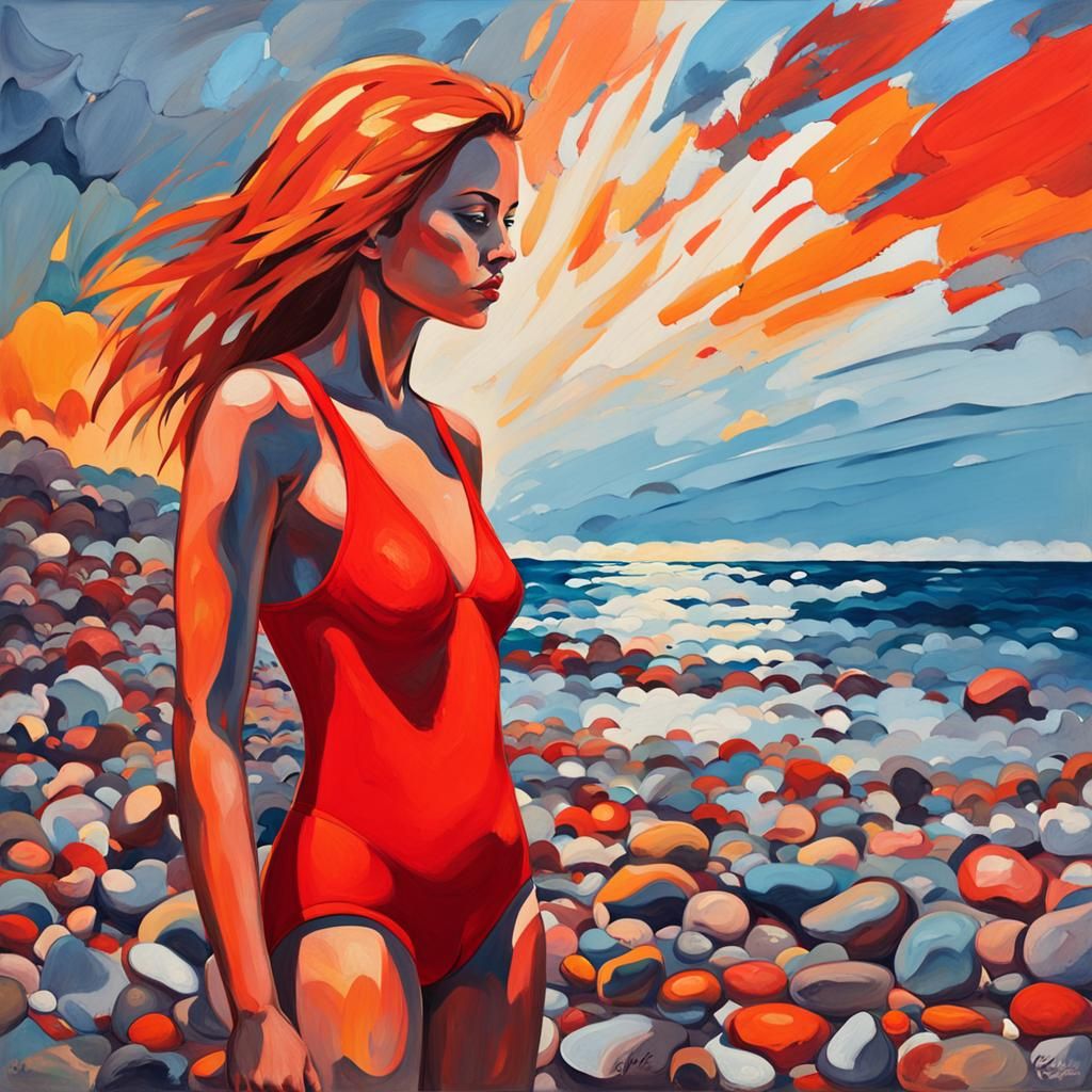 Lady on Pebble Beach: Surreal Fauvist Expressionism