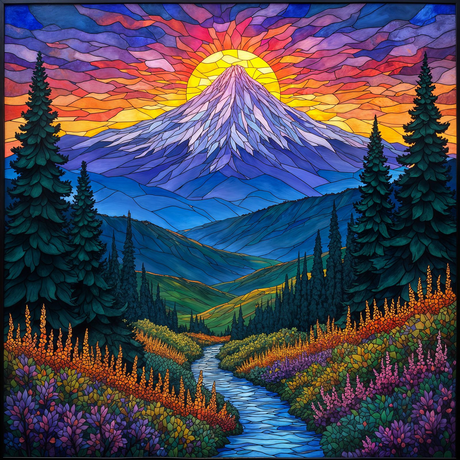 Stained Glass Mountain Peak at Sunset