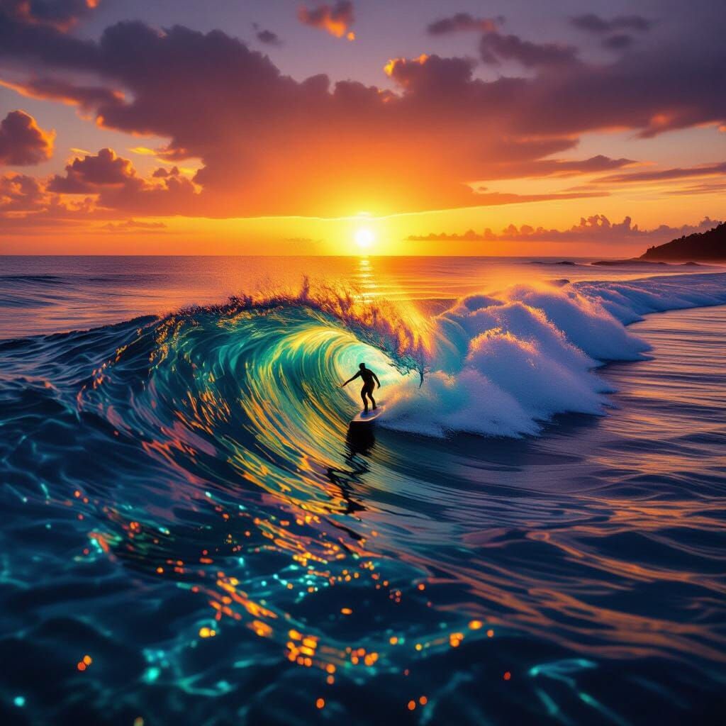 Bioluminescent Surfer Rides Massive Wave at Sunset