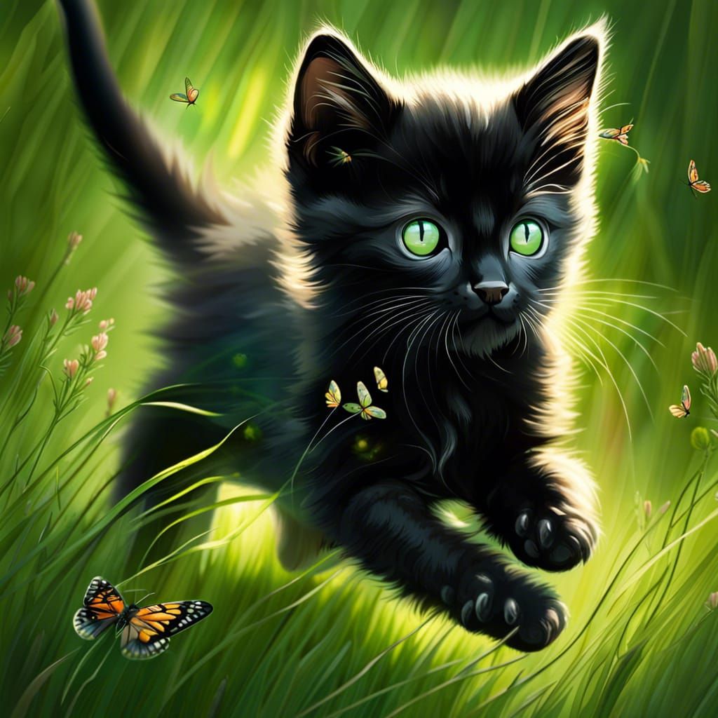 Kitten's Butterfly Chase: Hyperdetailed Graffiti Art