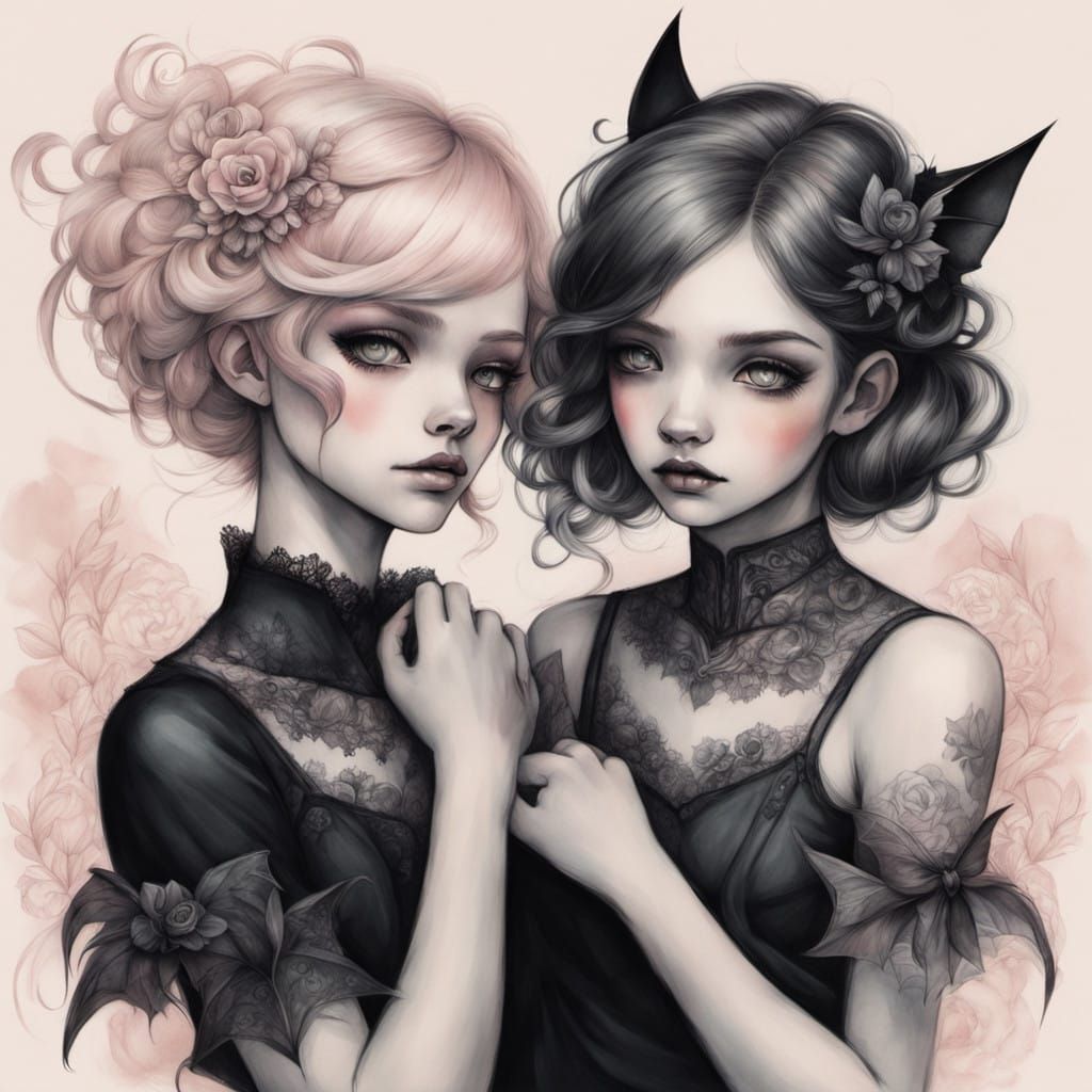 Gothic Cute Sisters Share Tender Moment