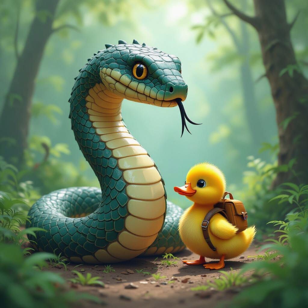 Giant Snake and Duckling in Lush Forest