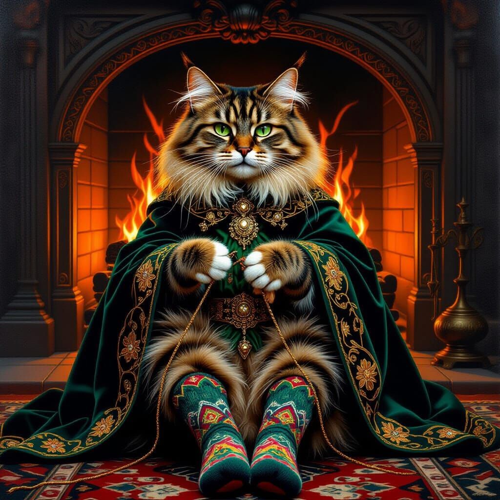Fantasy Portrait of Knitting Cat in Ornate Art Nouveau Style