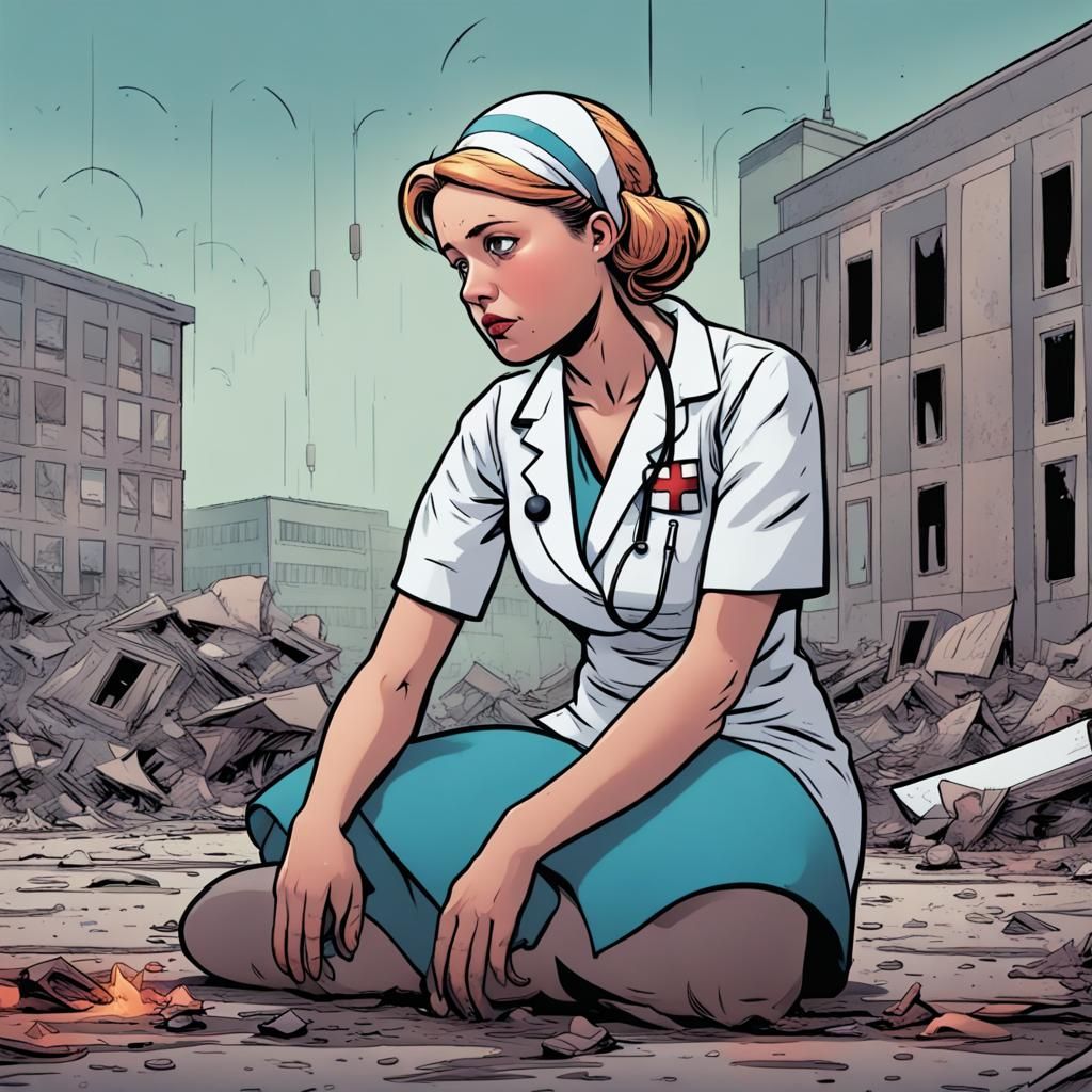 Depressed Nurse Reflects Amidst Burning Hospital, Comic Styl...