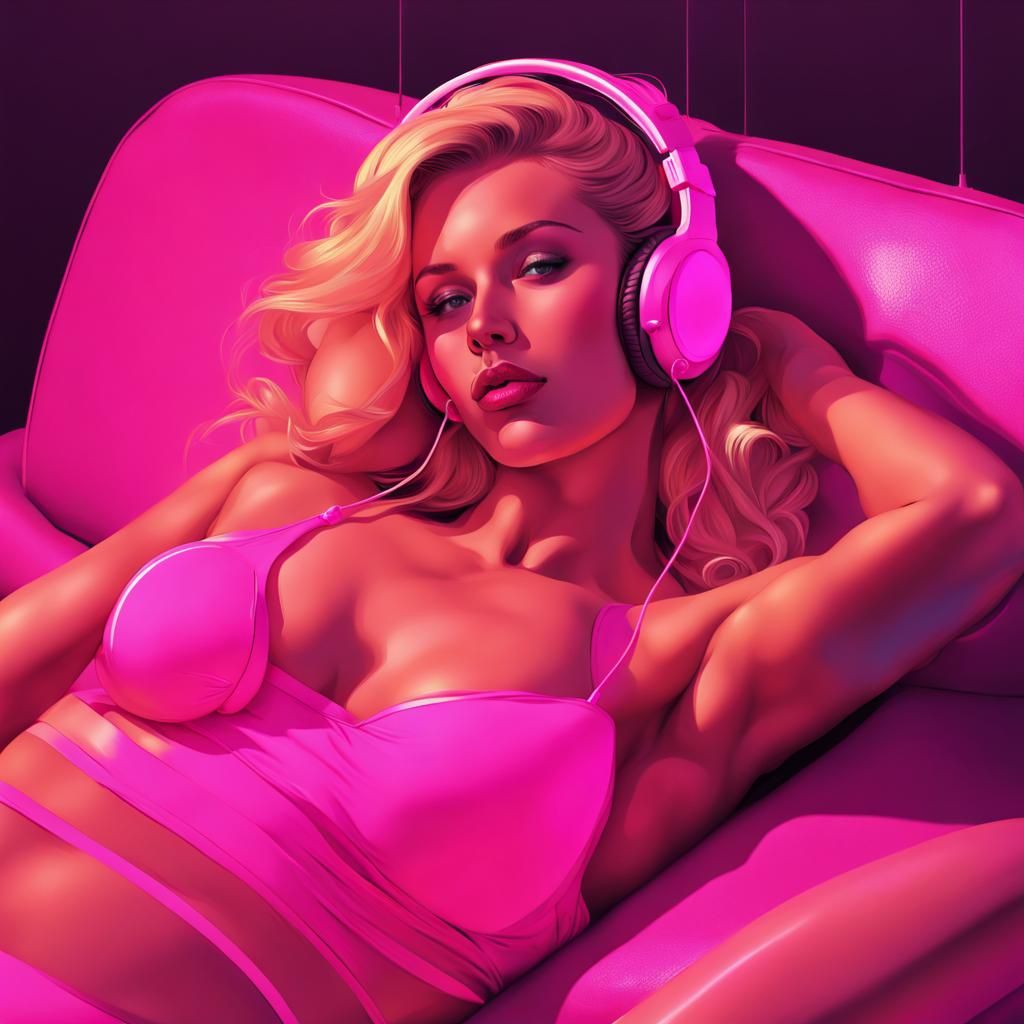 Blonde Girl in Pink Bikini with Synthwave Neon Style
