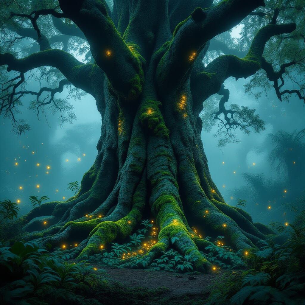Ancient Bioluminescent Tree in Misty Alien Jungle