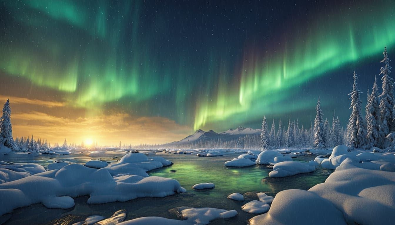 Magical Aurora Borealis Drips Light Over Sparkling Water