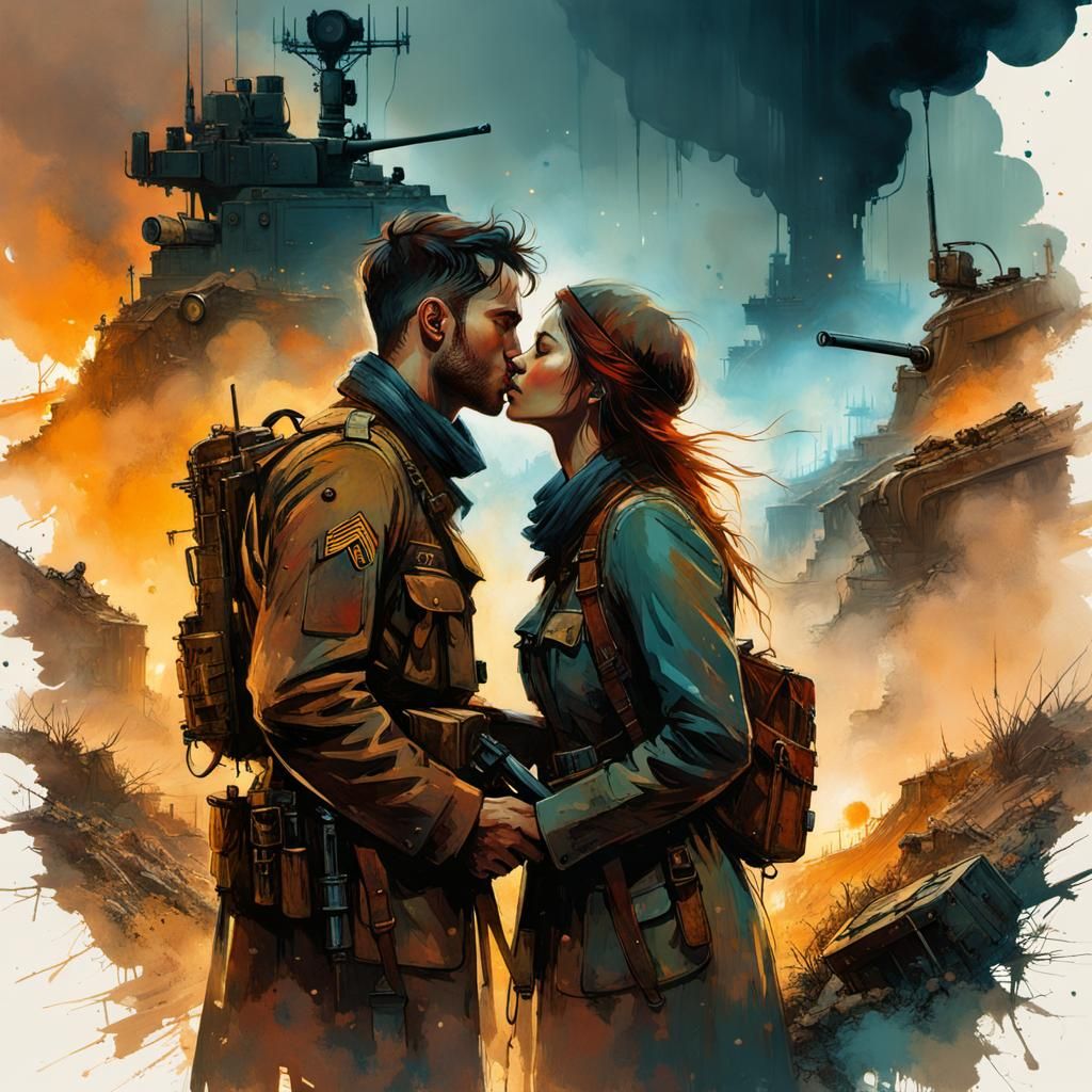 Romantic Kiss in Trenches of Verdun: Dystopian Double Exposu...