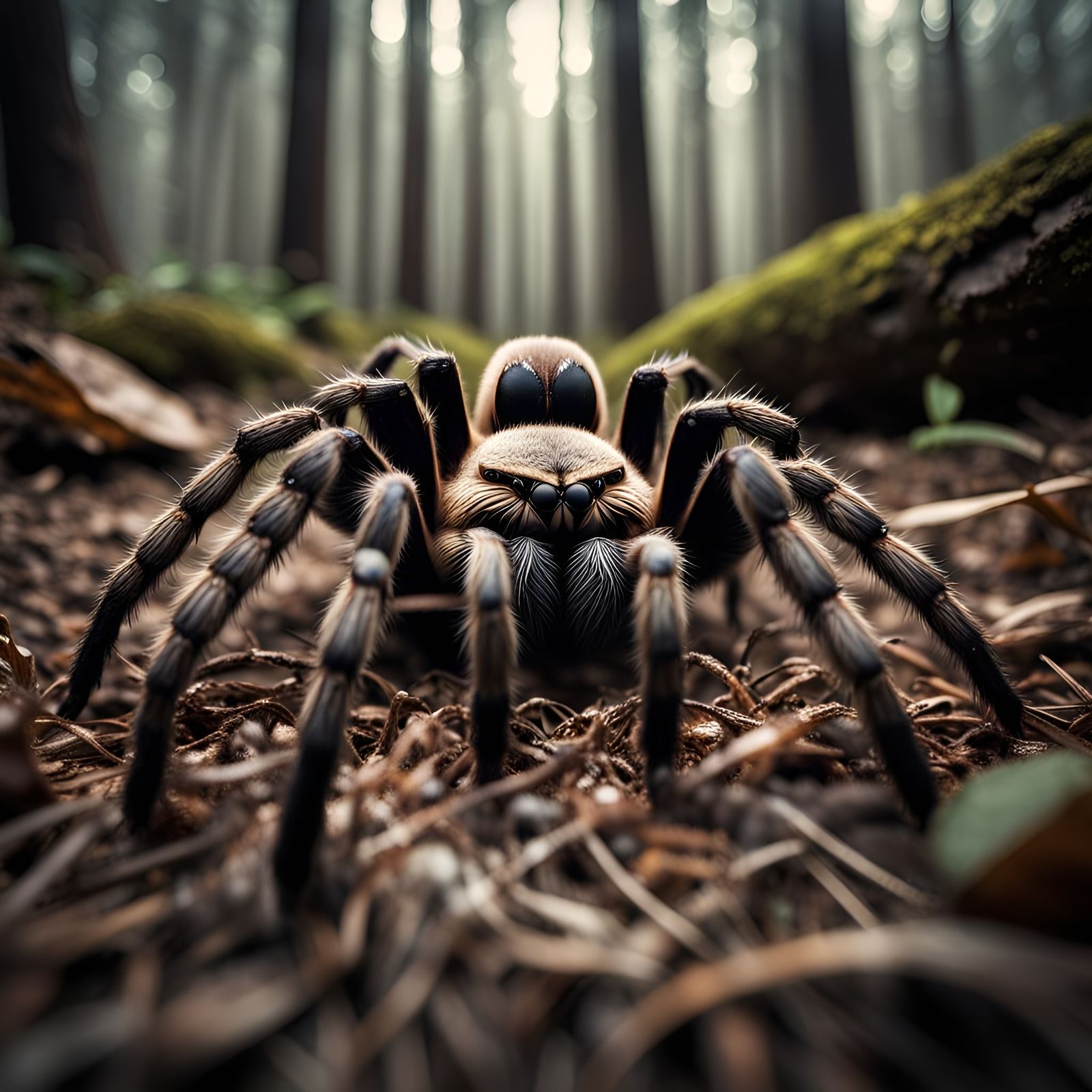 Hyperrealistic Tarantula Crawling Through Forest Floor