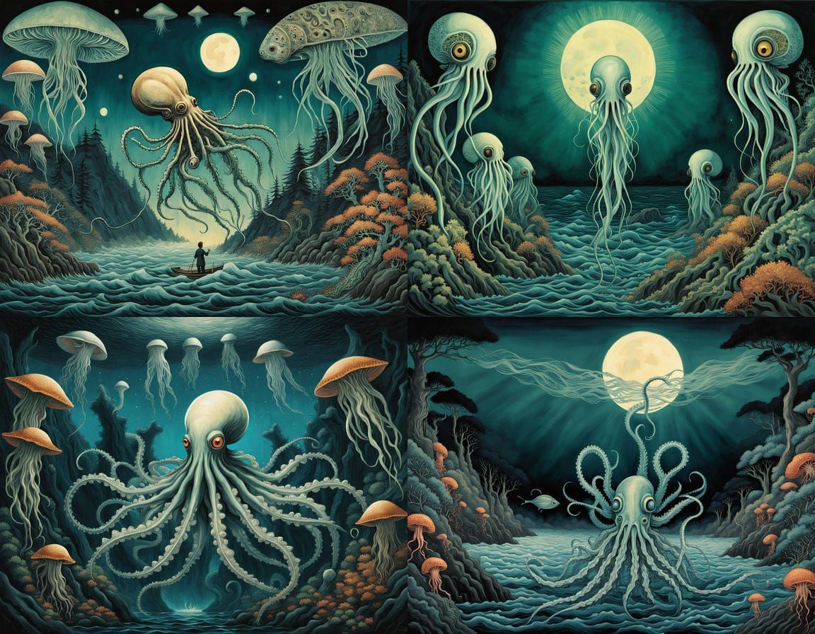 Bioluminescent Calamari in Ukiyo-e Surrealism Style