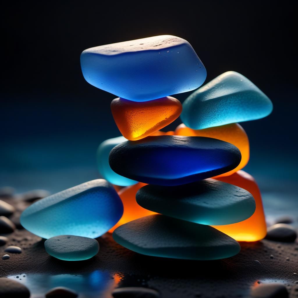 Balanced Blue Sea Glass Sunset: Hyperrealistic Splash Art