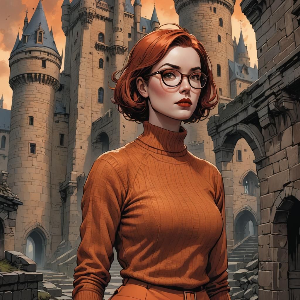 Curvy Woman with Red Hair Exploring Gloomy Castle