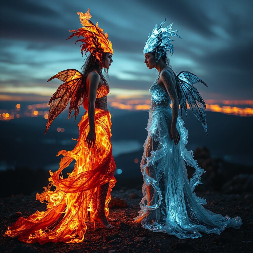 Elemental Nymphs in Surreal Twilight Landscape