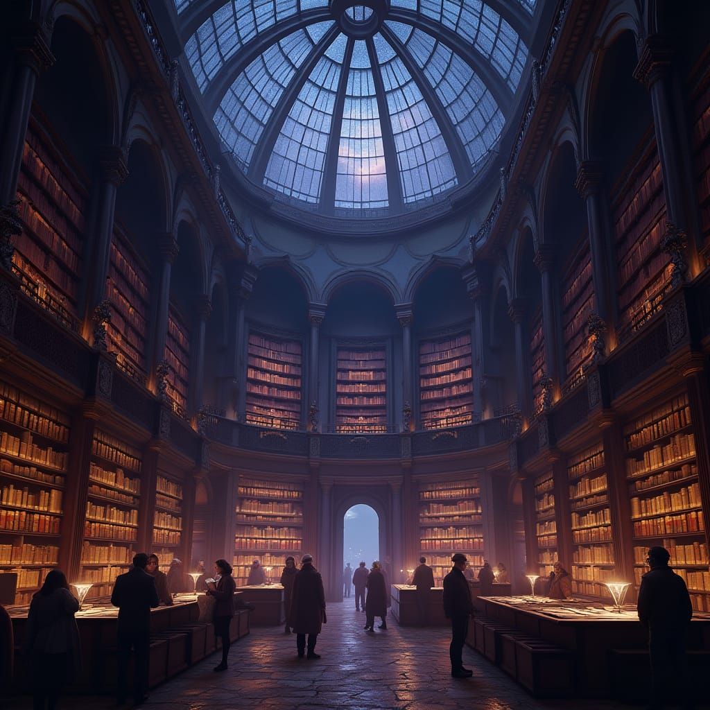 Surreal Library Under Starry Dome in Dark Fantasy Style