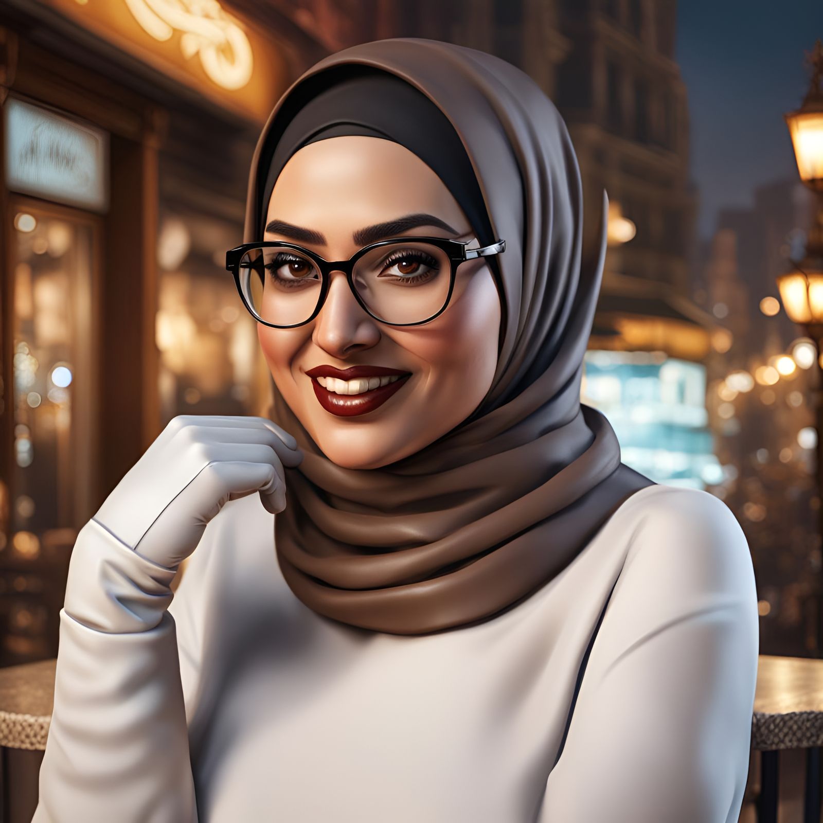 Elegant Hijabi Woman Smiling in a Cafe at Night