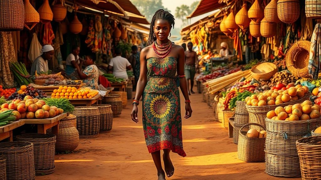 African Woman in Village Market with Vibrant Dashiki