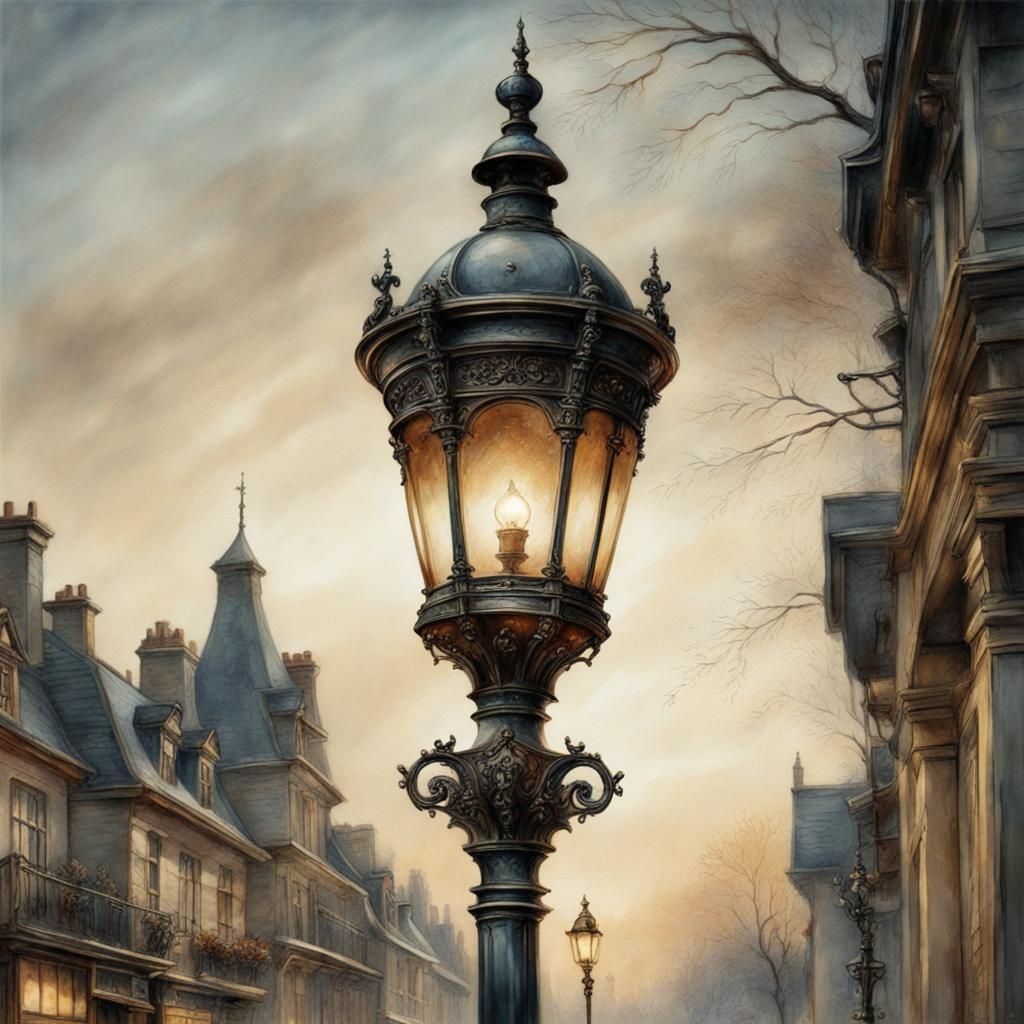 Victorian Street Lamp Illuminated in Watercolor Style