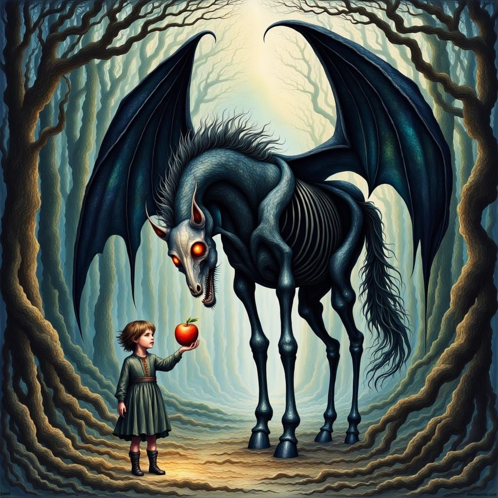 Gothic Fantasy Thestral in Dark Forest with Boy