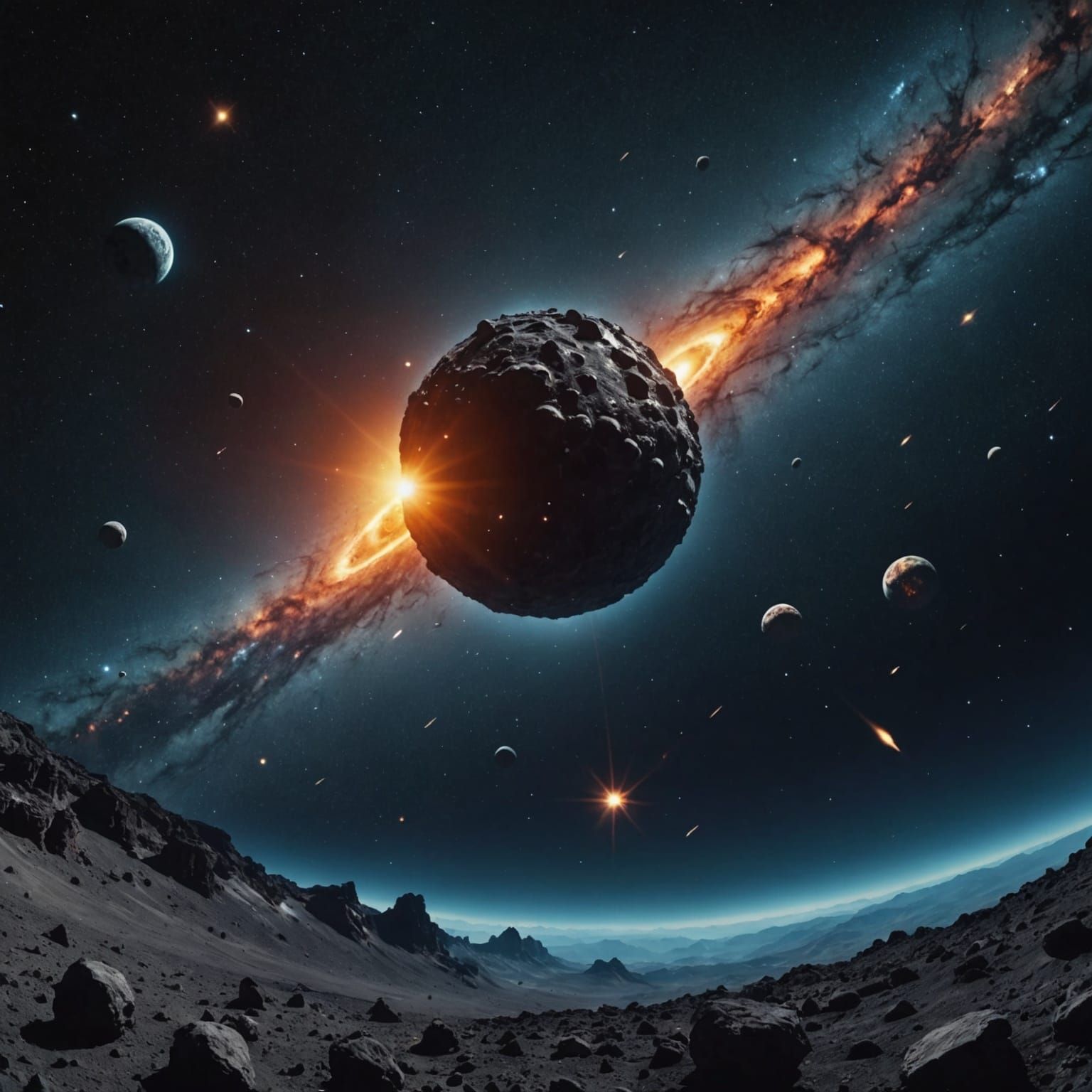 Cosmic Galaxy with Gas Clouds and Asteroids