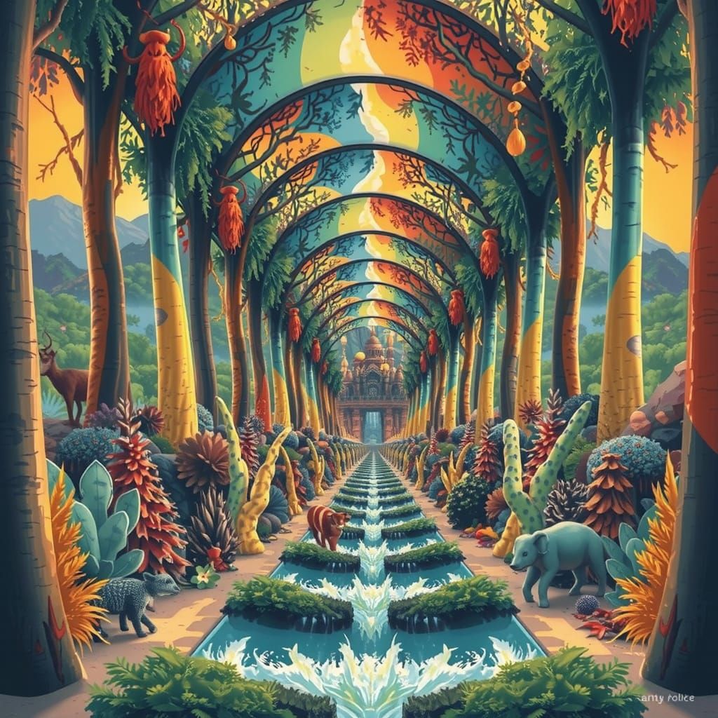 Lush Landscape Illustration with Vibrant Wildlife