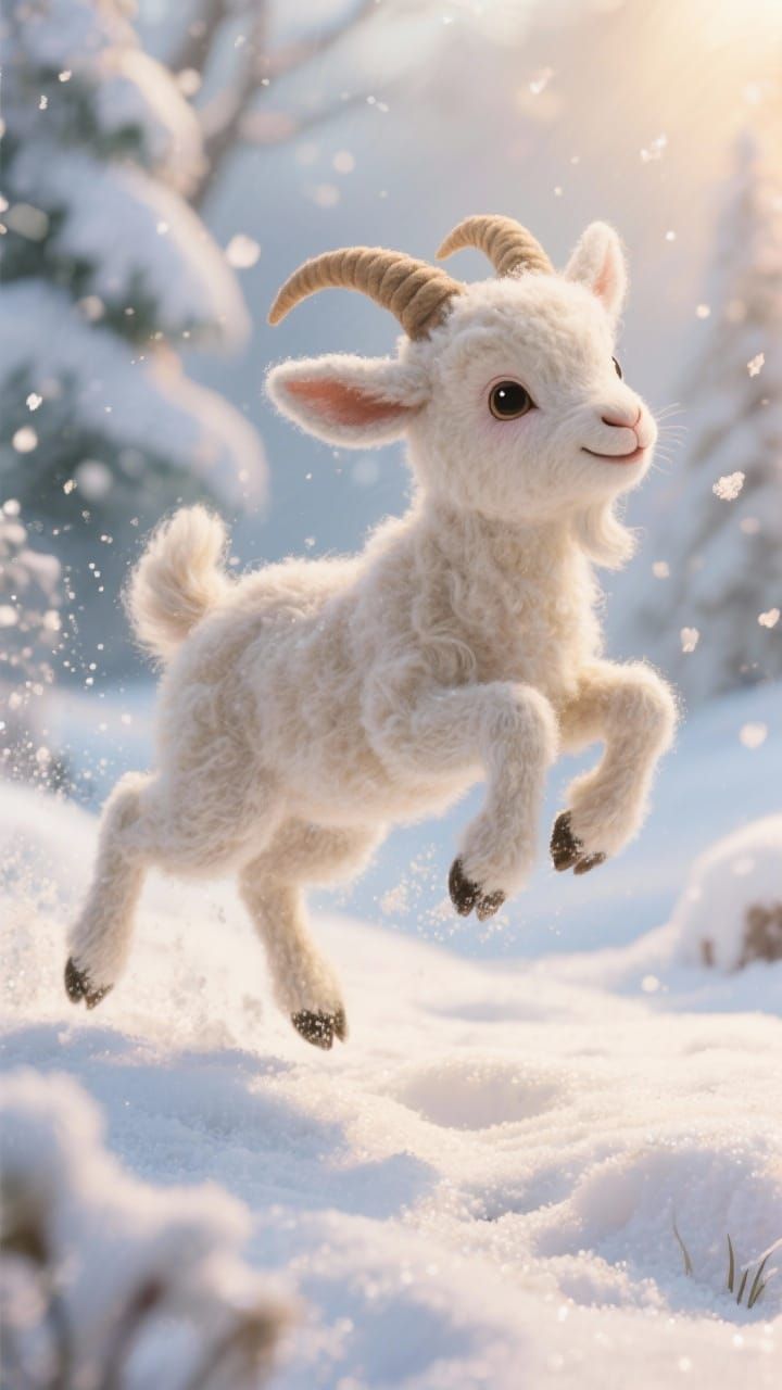Cute Fluffy Baby Goats Leaping in Snowy Winter Scene