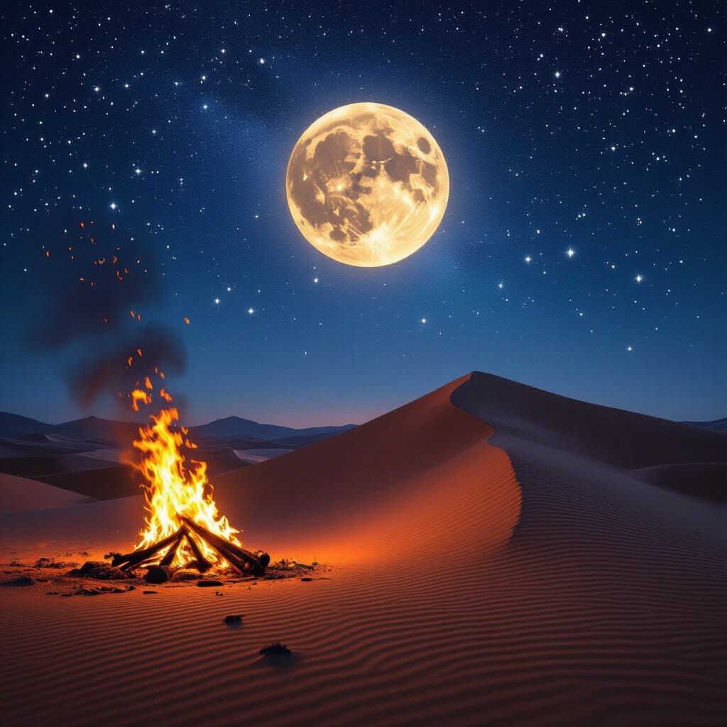 Burning Desert Dunes Under Starry Night Sky