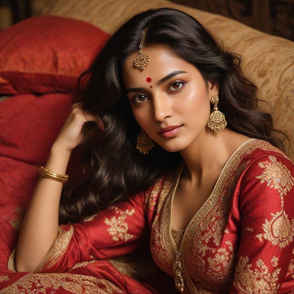 Ravishing Indian Beauty in Crimson Velvet Bedchamber